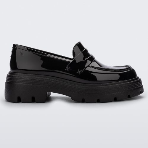 Side view of a Melissa Royal platform loafer in Black