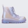 Side view of a pearly blue kids Melissa Coturno boot.