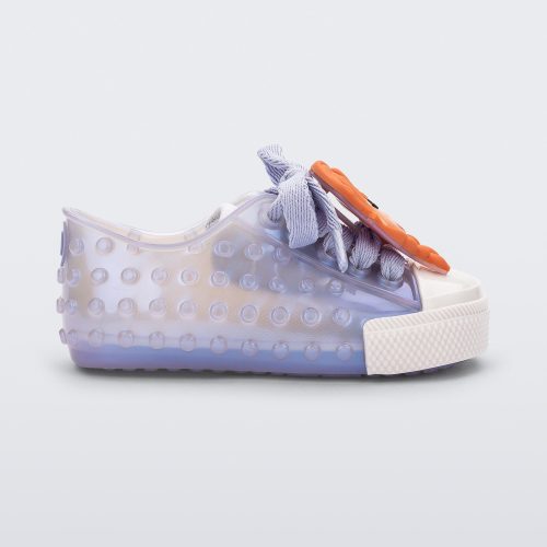 Side view of a baby metallic blue Melissa Polibolha sneakers with a white toe top and Disney Frozen's Anna.