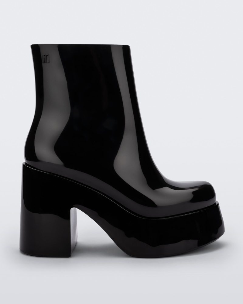 Side view of the black Melissa Nubia platform heel boot.