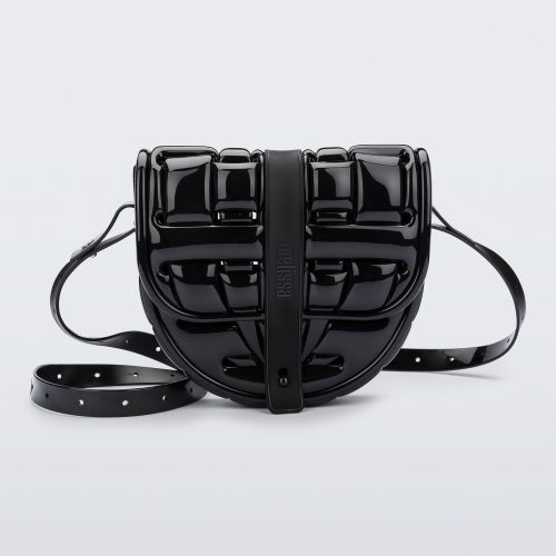 Front view of a black Possession Bag with strap.