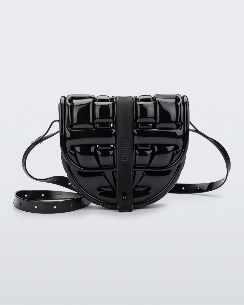 Front view of a black Possession Bag with strap.