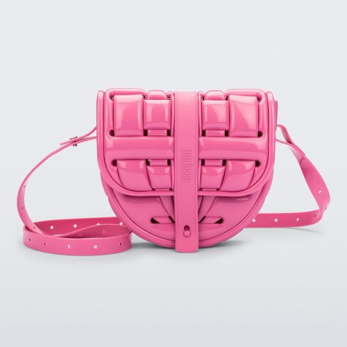 Front view of a pink Possession Bag with strap.