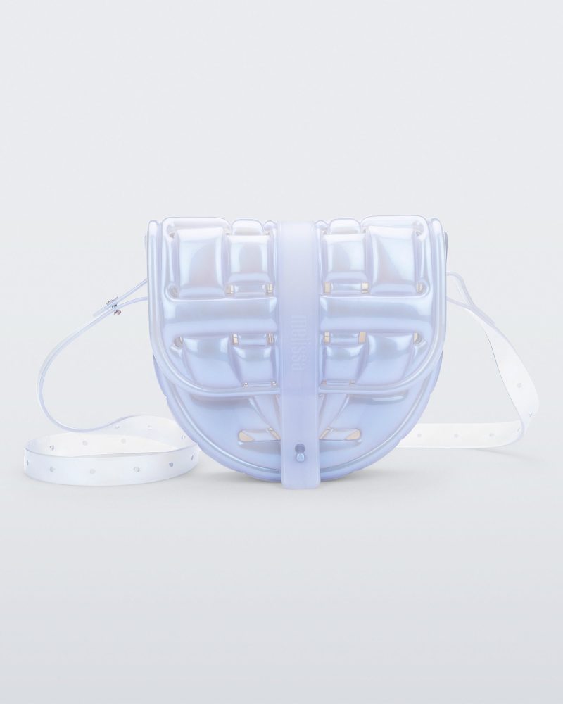 Front view of a pearly clear Possession Bag with strap.