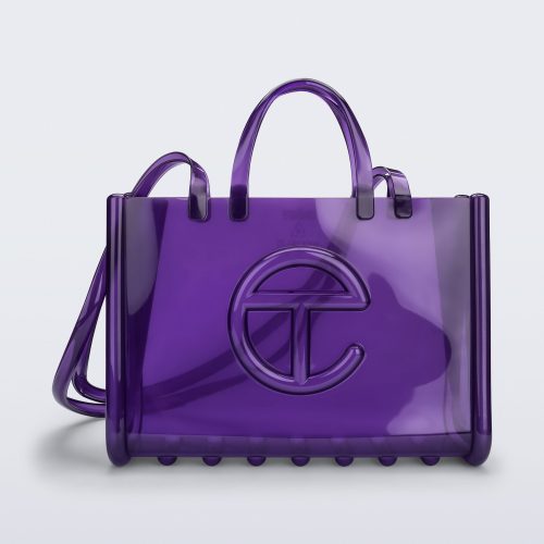 Front view of the purple Large Jelly Shopper x Telfar bag