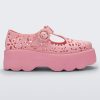 Side view of a pink Kick Off Lace women's platform shoe with buckle.