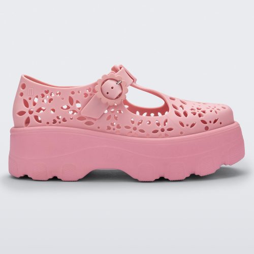 Side view of a pink Kick Off Lace women's platform shoe with buckle.