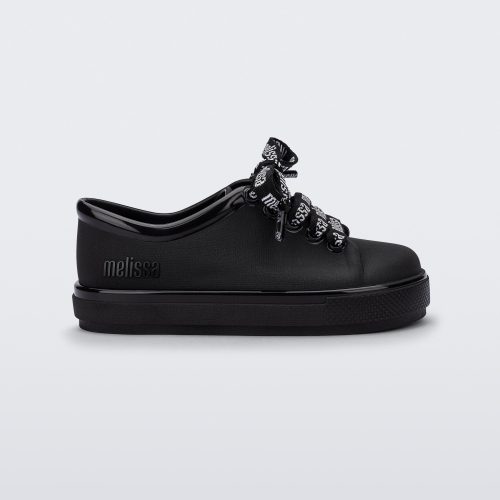 Side view of a black baby Hip M Lover sneaker with laces