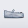 Side view of a pearly blue Sophie baby ballerina flat with bow