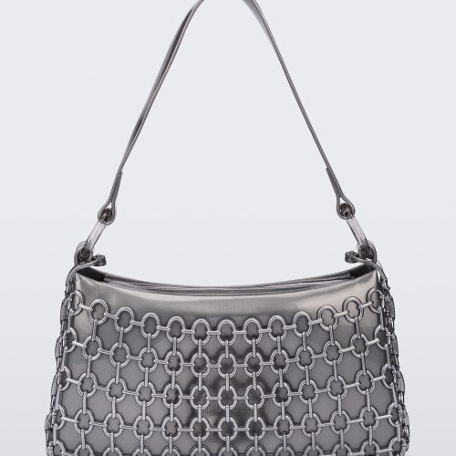 Front view of a silver Hoop bag with short shoulder strap