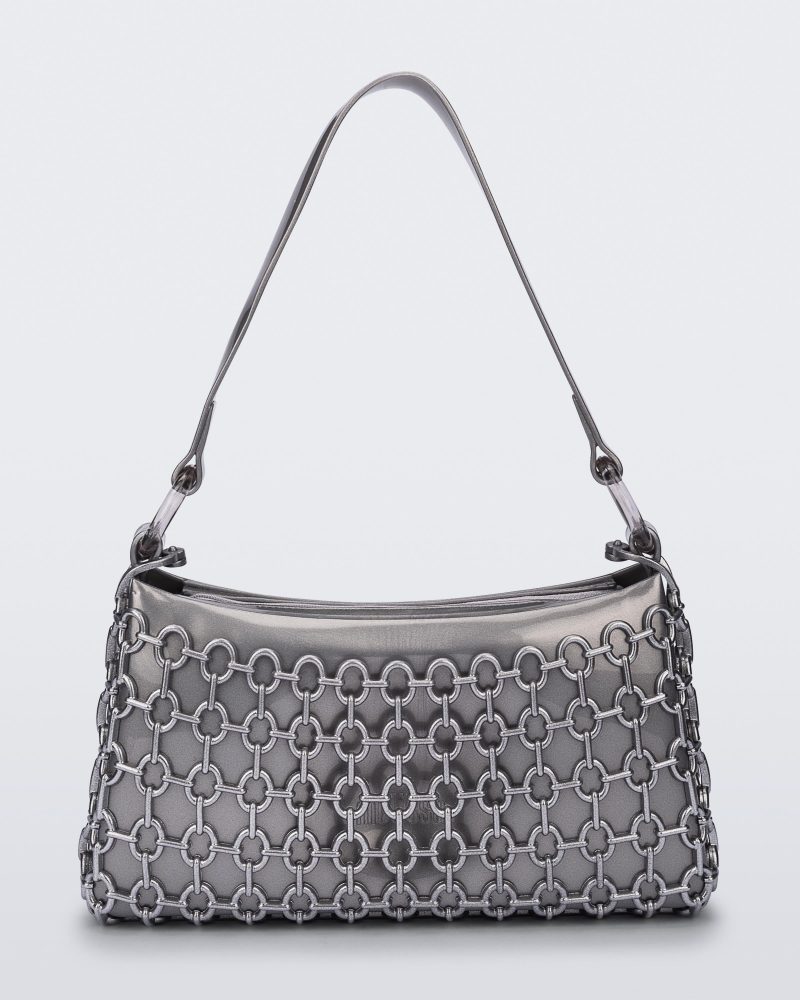 Front view of a silver Hoop bag with short shoulder strap