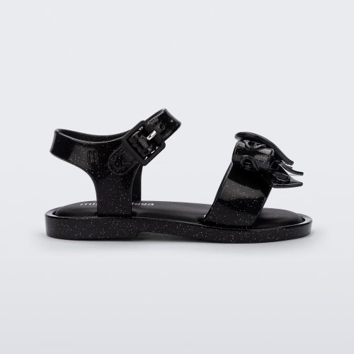 Side view of a glitter black Mini Melissa Mar Sandal Heart sandal with a glitter black heart bow detail on the front strap and an ankle strap