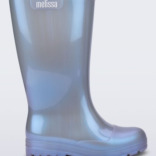 Side view of a pearly blue Welly rainboot.