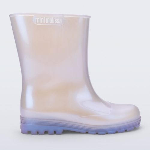 Side view of a pearly blue kids Welly rainboot