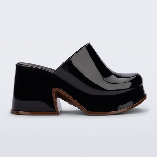 Side view of a black Mia Platform Mule Heel with brown sole