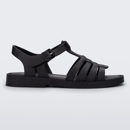 Side view of a matte black Possession Fresh fisherman style sandal with open toe