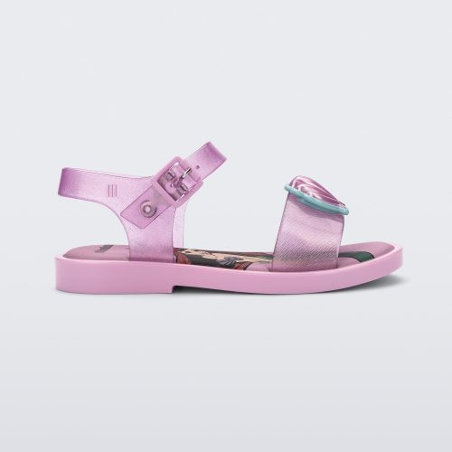 Side view of a glitter pink Mini Melissa Mar Sandal Princess sandal with a seashell detail on the front strap, an ankle strap and Princess Ariel soul