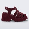 Side view of a burgundy red Megan Velvet heel sandal.