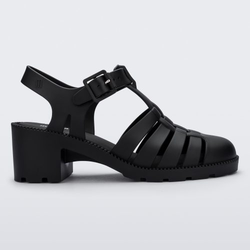 Side view of a black Possession Heel women's fisherman style sandal.