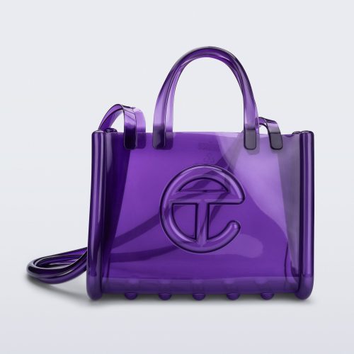 Front view of the purple Medium Jelly Shopper x Telfar bag