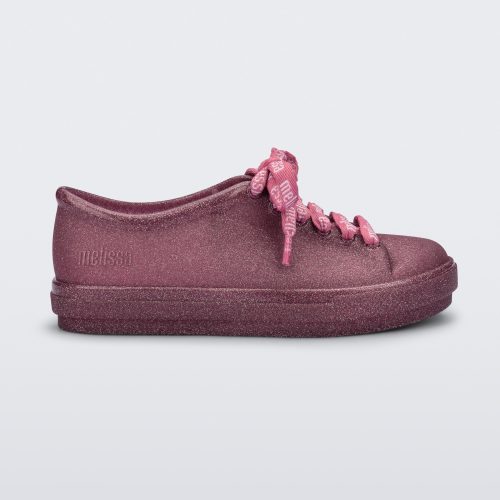 Side view of a glitter pink Hip M Lover kids sneaker with laces.