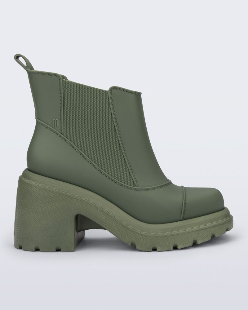 Side view of a green Courtney boot