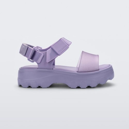 Side view of a Mini Melissa Kick Off platform sandal in lilac with adjustable velcro ankle strap.