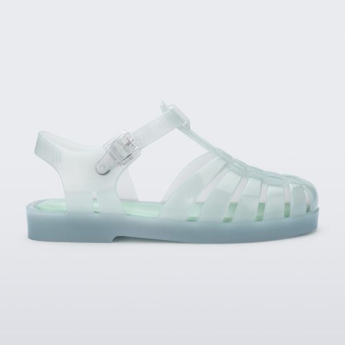 Side view of a light green kids Possession sandal