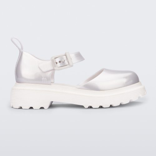 Side view of a Pearly white Ellie ankle strap loafer