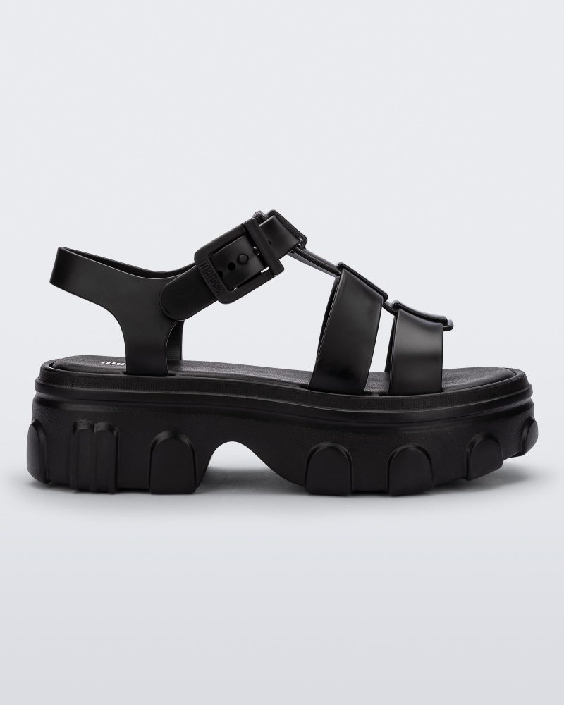 Side view of a black Ella women's platform sandal.