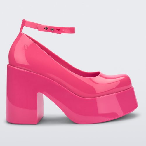 Side view of a pink Doll Heel women's platform shoe.