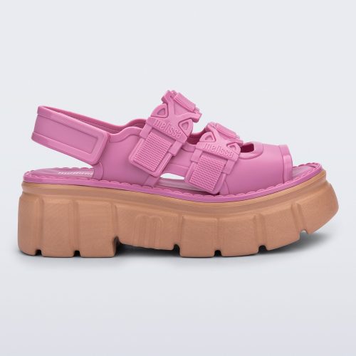 Side view of a pink Rebel platform Sandal with back strap