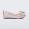 Side view of a Mini Melissa Ultragirl peeptoe ballet flat in white with star printed butterfly bow applique.