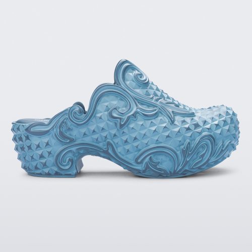 Side view of a blue Court Clog + Y/Project platform clog