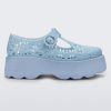 Side view of a blue Kick Off Lace women's platform shoe with buckle.