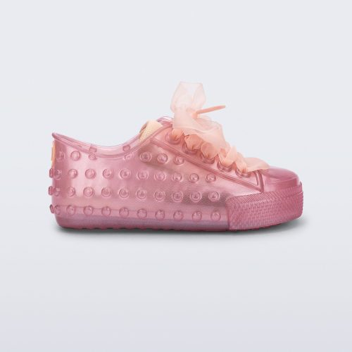 Side view of a pearly pink Polibolha baby sneaker with laces.