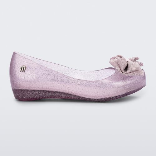 Side view of a glitter pink Ultragirl Sweet kids ballerina flat with bow