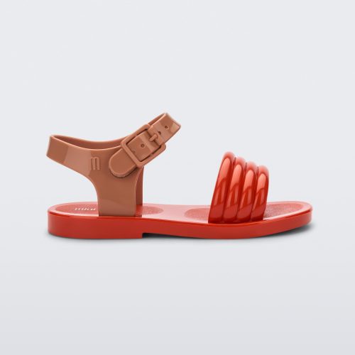 Side view of a red Mar Wave baby sandal with beige strap.