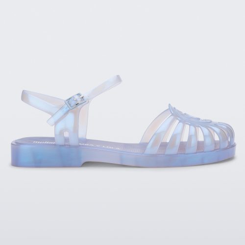 Side view of a pearly blue Sandal + Bimba y Lola with ankle strap