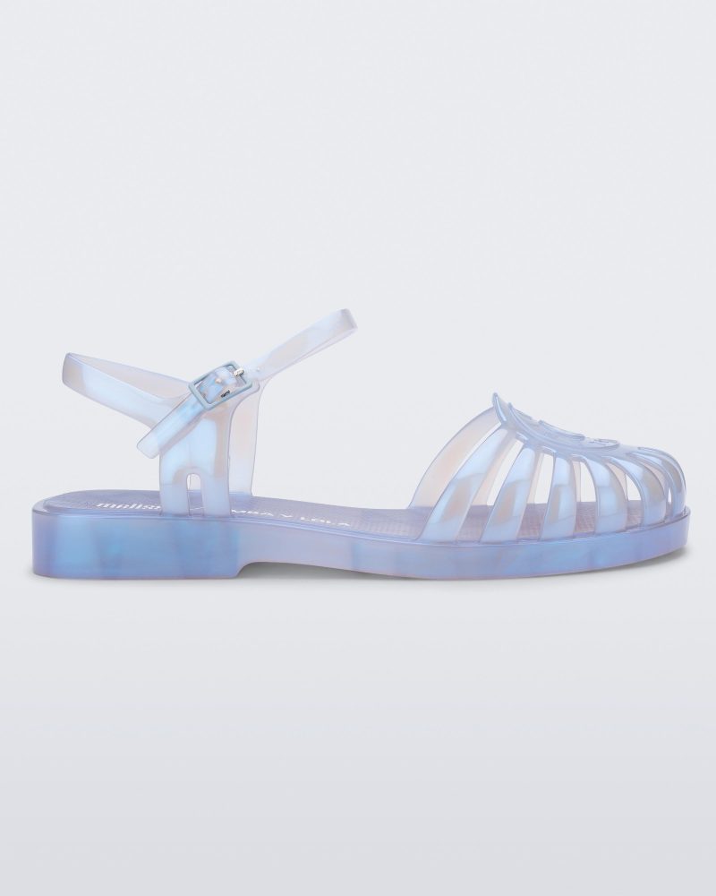 Side view of a pearly blue Sandal + Bimba y Lola with ankle strap