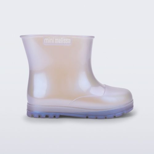 Side view of a pearly blue baby Welly rainboot