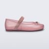 Side view of a pearly pink Sophie kids ballerina flat with bow