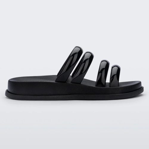 Side view of a Black Melissa Soft Wave Slide with 4 front straps.