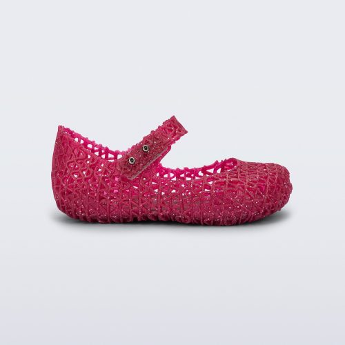 Side view of a glitter red baby Campana ballerina flat