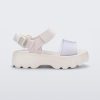 Side view of a Mini Melissa Kick Off platform sandal in white with adjustable velcro ankle strap.