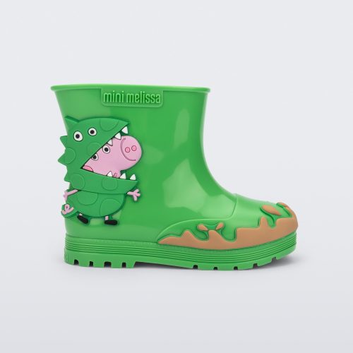 Side view of a green Welly Peppa Pig rain boot