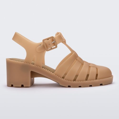 Side view of a beige Possession Heel women's fisherman style sandal.