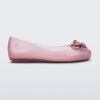 Side view of a glitter pink Mini Melissa Sweet Love Butterfly flat with a pink butterfly detail on the toe