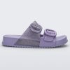 Side view of a lilac Mini Melissa Cozy slide with two front straps with buckle details