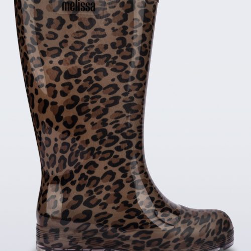 Side view of a brown/black leopard print Welly rainboot.